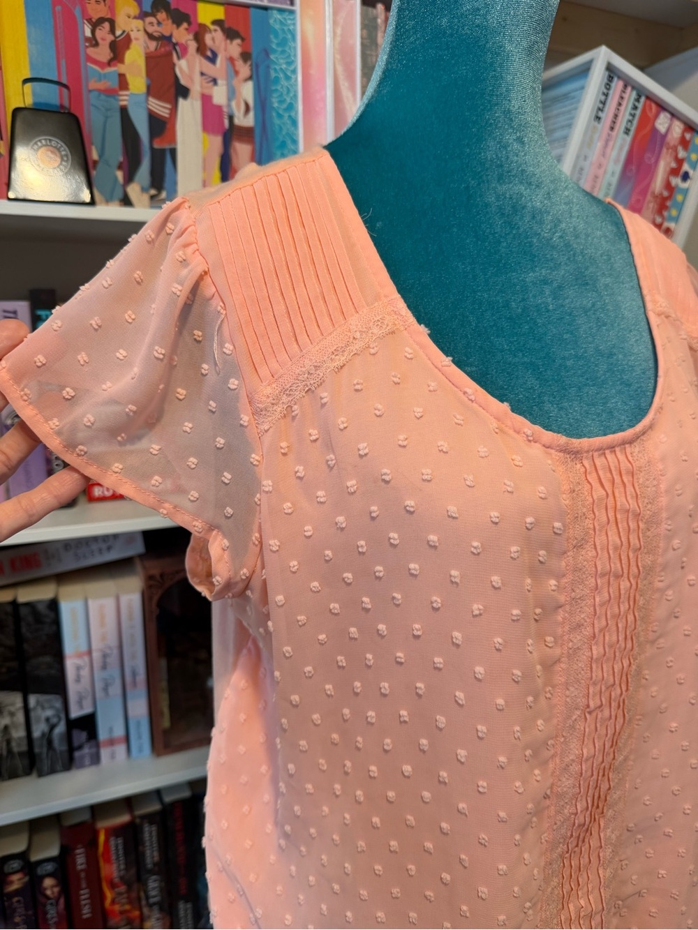 Lauren Conrad Women's Coral-Pink Textured Swiss Dot Blouse